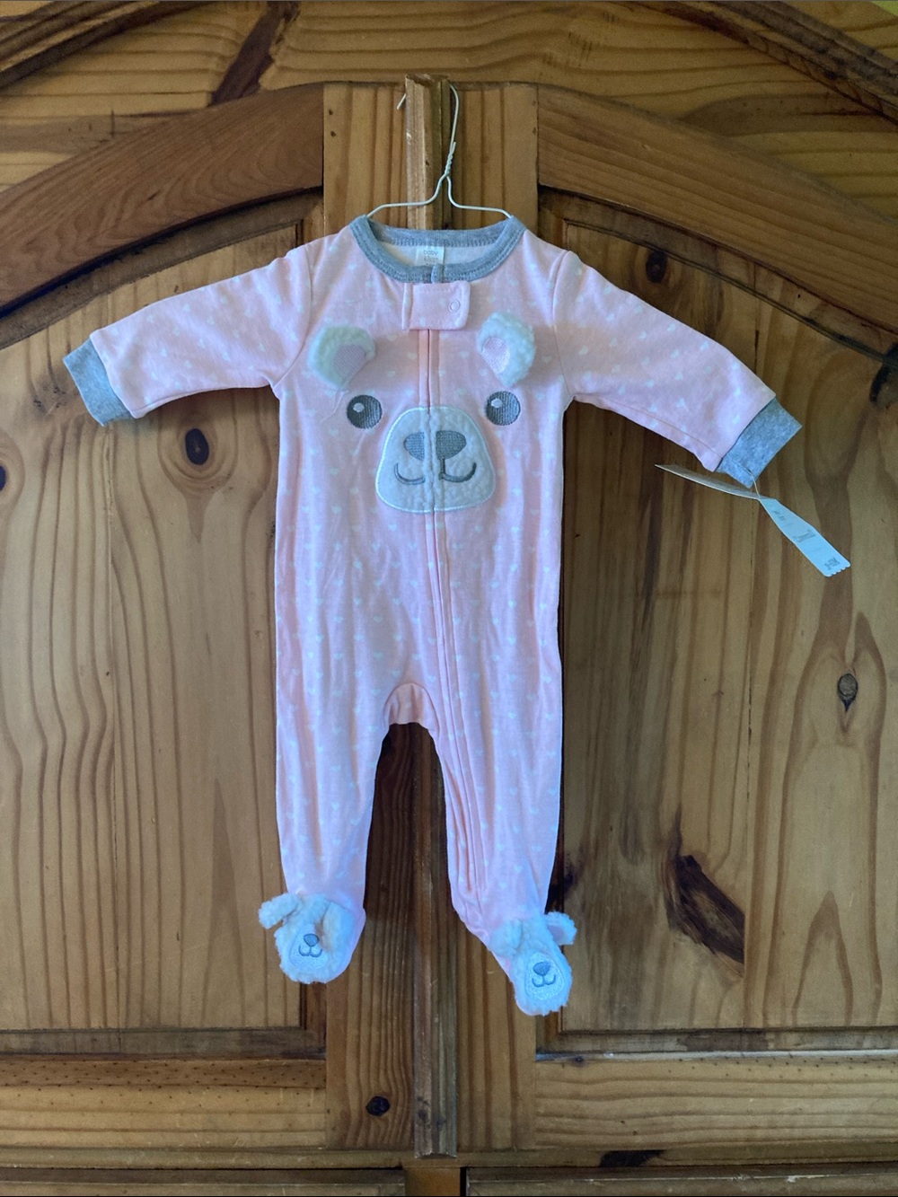 Girls Baby Kiss pink bear hearts one piece footed pajamas size 3-6 months NWT